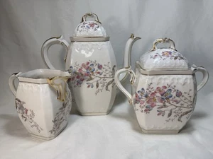 Limoges France Old Paris Porcelain-Style Pink/Blue Dogwood (?) 3-Piece Tea Set - Picture 1 of 13