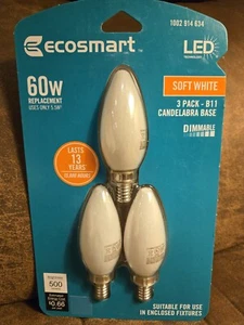 (3)EcoSmart 60w/5.5w Dimmable LED Soft White 2700K B11 Bulb Candelabra E12 Frost - Picture 1 of 9