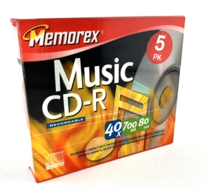 Memorex Music CD-R 700MB 80 Minute, 40X - 5 Pack - New Sealed Vintage Media NIP - Afbeelding 1 van 9