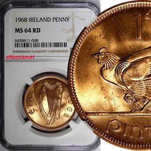 Ireland Republic Bronze 1968 Penny NGC MS64 RD NICE RED Hen with chicks KM11 (8) - Picture 1 of 4