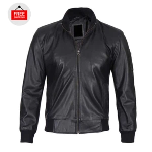 Men's Real Leather Sheepskin Flight Bomber Varsity Style Leather Jacket–Black - Picture 1 of 3