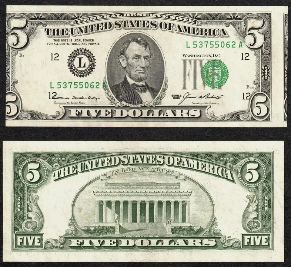 $5 1985 FRN Faulty Alignment Error 2 Notes Visible Ch CU - Image 1 of 1