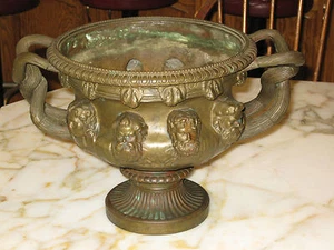 ANTIQUE 19c BRONZE JARDINIER/PLANTER WITH FACES ALL AROUND, FOUNDRY MARK - Picture 1 of 12