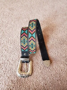 Nocona Western Aztec Embroidered Bling Buckle Belt Southwestern 25.5"-29" - Picture 1 of 5