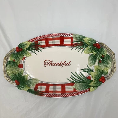 Fitz and Floyd Tartan Christmas Bread Tray Thankful 13 1/2" - Image 1 of 4