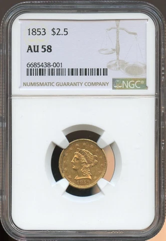 1853 $2.50 Gold Liberty Quarter Eagle AU 58 NGC, Better Date, Near MS! Cover