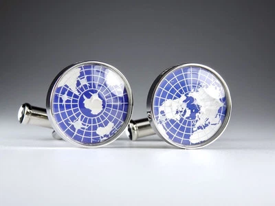Gemelli Montblanc Globe Design Blu Argento Acciaio Forma Tonda Gioielli Uomo - Immagine 1 di 4