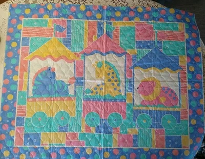 Pre-Quilted Cheater Quilt Fabric Pink Blue Vintage Zoo 35x44" Springs Ind - Image 1 of 4