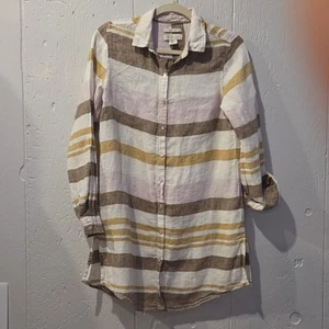 Rachel Zoe Woman Linen Top Small Stripped Button Front Long Shirt Roll Tab  - Picture 1 of 11