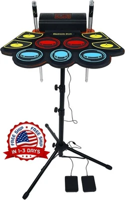 Pad de batería electrónica con baquetas iluminadas y soporte para niños NUEVO US Foto 1 de 4