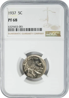 Buffalo Nickel 1937 5c PF68 PR68 NGC 950466-4 Foto 1 de 4