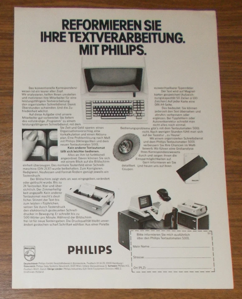 Seltene Werbung PHILIPS Textautomat 5001 - Reformieren Sie Textverarbeitung 1977 - Image 1 of 1