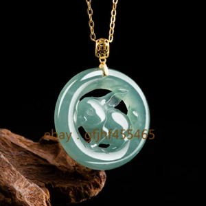 Natural A-grade jade blue water zodiac rabbit pendant 18K gold - Picture 1 of 11