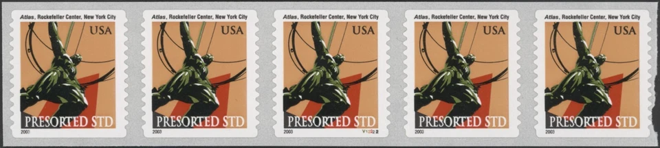 2003 US Scott #3770 (10c) Atlas Strip of 5 PNC5 Plate# V12222 MNH - Image 1 of 1