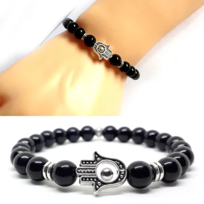Bracciale Mano di Fatima Argento Perle in Acciaio e Nero braccialetto Uomo Donna - Immagine 1 di 4