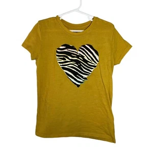 Old Navy Mustard Yellow Girls T Shirt Small 6-7 Zebra Pattern Heart Colorful Top - Picture 1 of 4