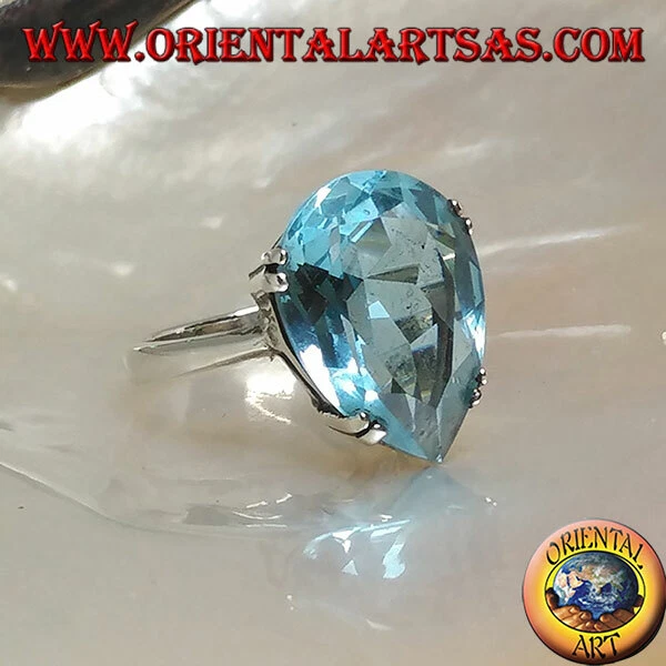 Anello in Argento 925‰ topazio azzurro grande a goccia con montatura a griffe - Immagine 1 di 1