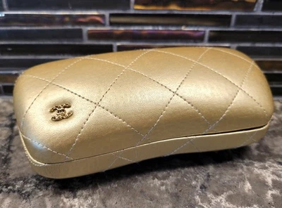 RARE CHANEL CC GOLD QUILTED SUNGLASSES EYEGLASSES LEATHER CLAMSHELL HARD CASE - Image 1 of 4