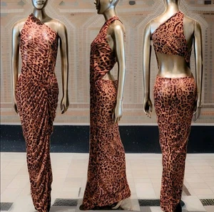 NWT Leopard Print Mesh One Shoulder Diagonal Center Ruched Maxi Dress Sz M - Picture 1 of 14