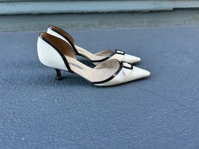 AUTHENTIC Manolo Blahnik Heels Silk Leather- Kitten Shoes- Y2K 90's Fashion - 38 - Image 1 of 4