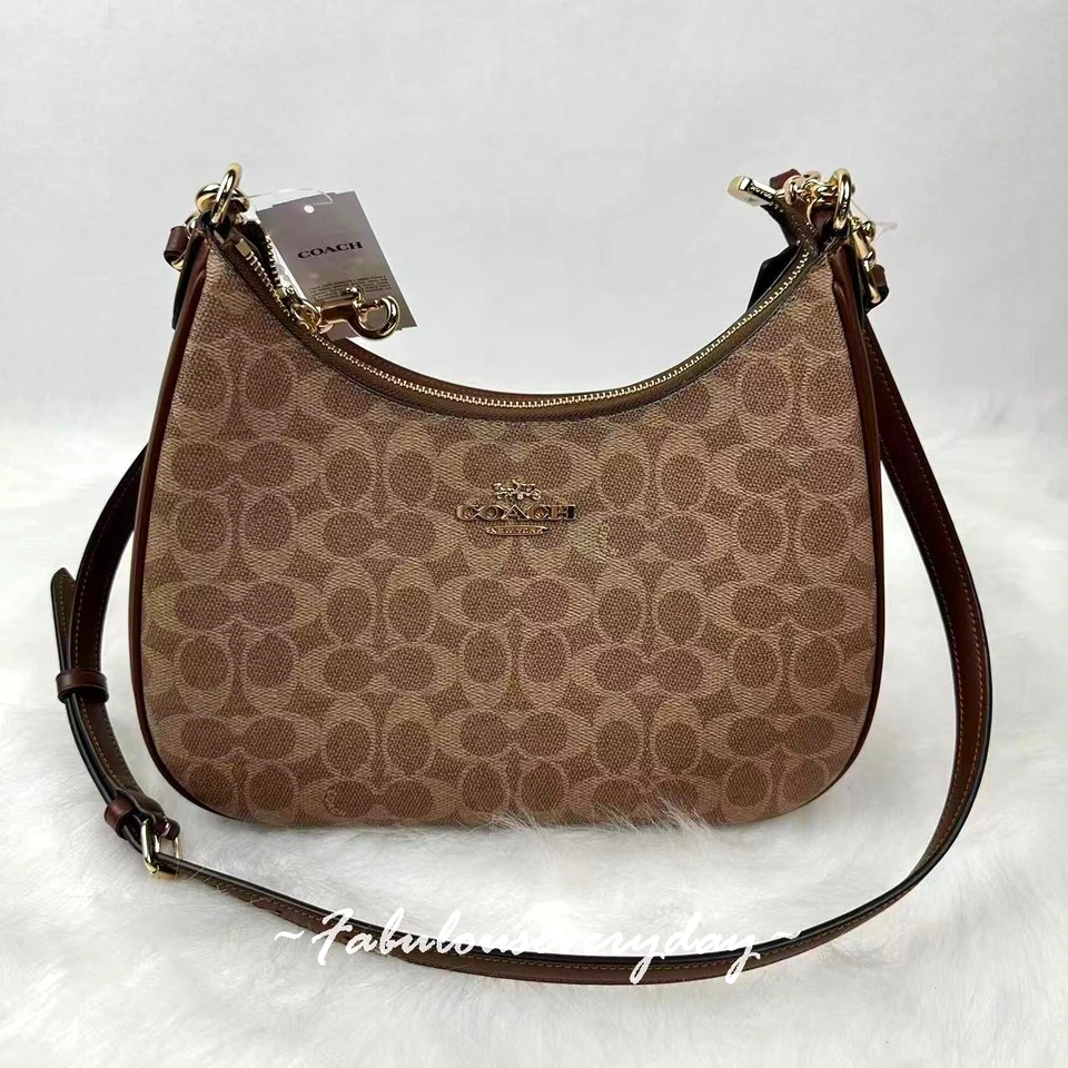 COACH Teri Hobo Bag Signature Canvas Tan/Brown CV940 Outlet