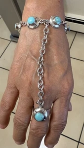 PULSERA Y ANILLO ESCLAVO NATIVO AMERICANO PLATA ESTERLINA 925 Y TURQUESA 60 GRAMOS - Imagen 1 de 8