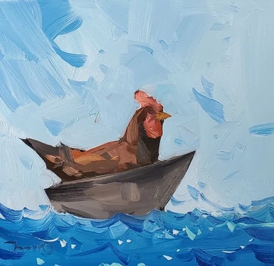Impresión de Bellas Artes José Trujillo 16x16" Coleccionable Artista Pollo Barco Mar Foto 1 de 4