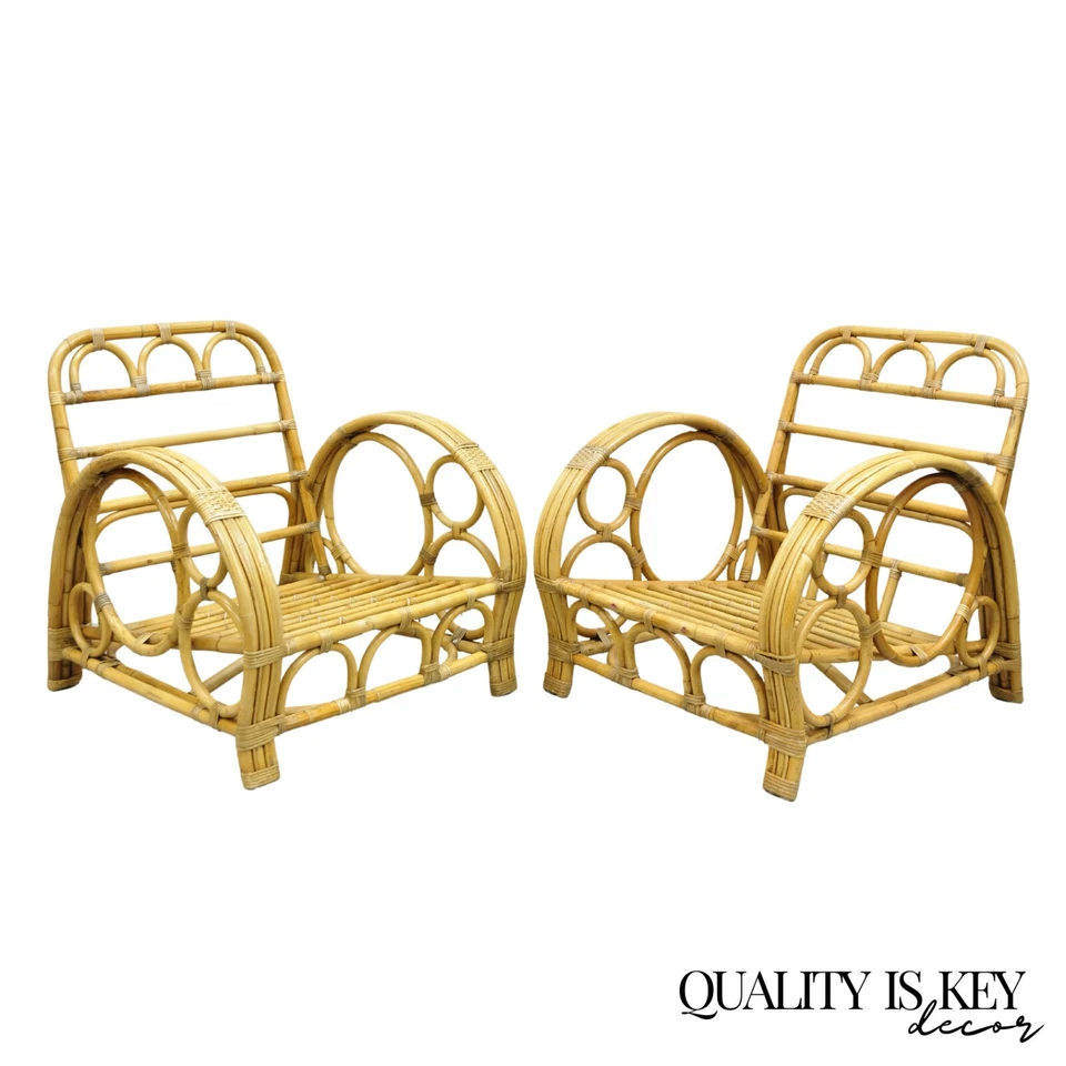 Vintage Hollywood Regency Bent Bamboo Wicker Rattan Pretzel Lounge Chairs - Pair - Image 1 of 4