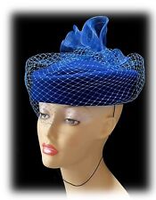 Vintage Doeskin 100% Wool Felt Hat Royal Blue Bollman w Net & Tulle Fascinator