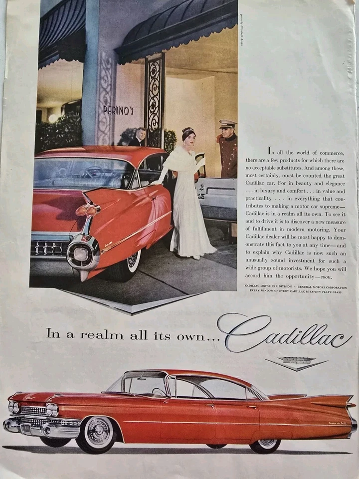 1959 Red Cadillac Sedan de Ville car Womens Elizabeth Arden evening gown ad  - Image 1 of 1