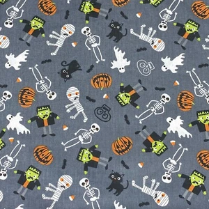 Halloween Pumpkin Black Cat Skull Skeleton Grey Sewing Quilting Cotton Fabric - Picture 1 of 3