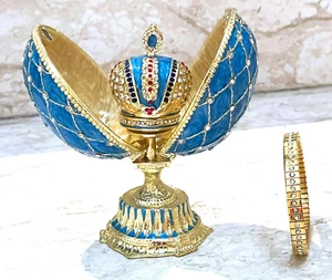 Something Blue Faberge Egg Jewelry box Bridal Shower gifts for bride Gold Decor - Picture 1 of 14