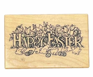Happy Easter Greeting Bunny Rabbits Flowers Eggs Spring Symbol Wood Rubber Stamp - Picture 1 of 5