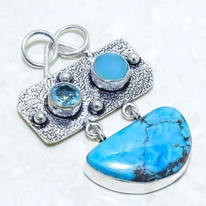 Colgante De Joyería De Plata De Turquesa Tibetana Y Ónix Azul De 2.0" PRJ13149 - Imagen 1 de 2