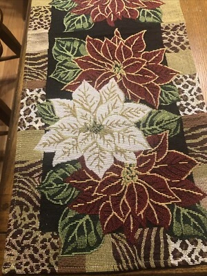 Christmas Tapestry Poinsettia Table Runner- 67 Inch Approx Red/white/green/tan - Image 1 of 4