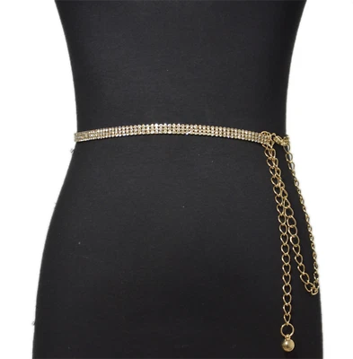 Women Lady Narrow Slim Metal Gold silver 3 layer Crystal Bling Waist Belt Chain - image 1 of 2