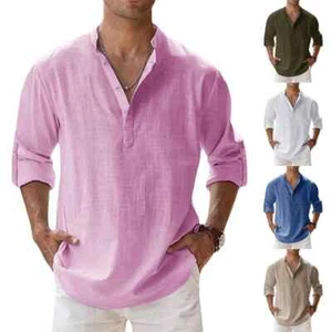 2024 New Men's Linen Long Sleeve Breathable Shirt Solid Color Casual Basic... - Picture 1 of 36