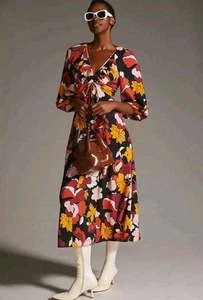 Anthropologie Maeve tief V gerafftes Midi Blumen Kleid lebendig 3/4 Ärmel Gr. 14 - Bild 1 von 15