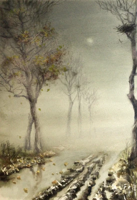 Autum Watercolor Painting Original European Art Foggy Park Road Trees Wall Art - Image 1 of 4
