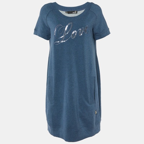 Maglione Love Moschino blu cotone lavorato a maglia logo paillettes ricamato mini abito M