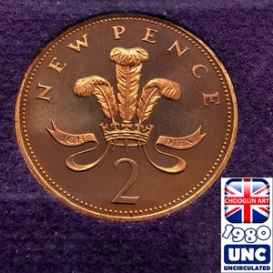 (BRILLIANT UNC) BRITISH 1980 ELIZABETH II TWO PENCE 2p coin, 45 Years Old! - Picture 1 of 2