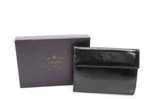 PRADA Dreifach Faltbar Etui M523 Logo Unisex Lackleder Schwarz 3644k - Bild 1 von 10
