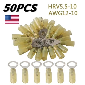 50PCS Waterproof 12-10AWG Wire Crimp Connectors Heat Shrink Ring Terminals 3/8" - Picture 1 of 10