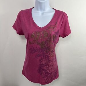 Hanes T Shirt Small Pink Short Sleeve V Neck Tee Polyester Blend Jersey Floral