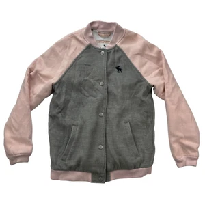 Abercrombie Kids Gray Pink Knit Button Up Varsity Bomber Jacket Sz 15/16 Unicorn - Picture 1 of 12