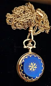 Vintage Bucherer Pinwheel Uhr Anhänger Halskette, blaue Emaille, Gold gefüllt 27,5" - Bild 1 von 19