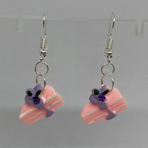 Pink Slice Of Cake Pendant Earrings Resin Kitch Silver Q034 Kawaii - Picture 1 of 5