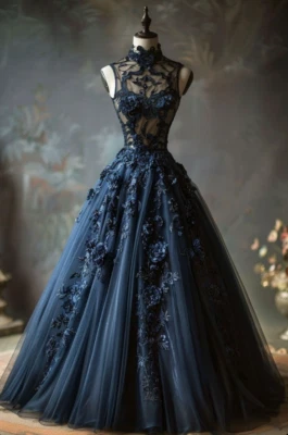 Vintage Navy Blue High Neck Wedding Dresses Lace Appliques A Line Bridal Gowns - Image 1 of 4