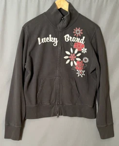 Vintage Lucky Brand XL Brown Tan Logo Floral Full Zip Sweater - Foto 1 di 4