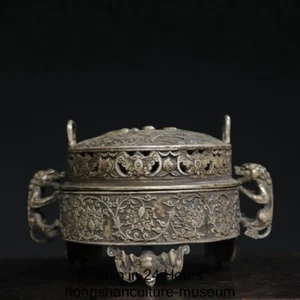 6" Chinese Marked Silver Dragon Phoenix 2 Beast Ear 3 Leg Round Incense Burner - Picture 1 of 9